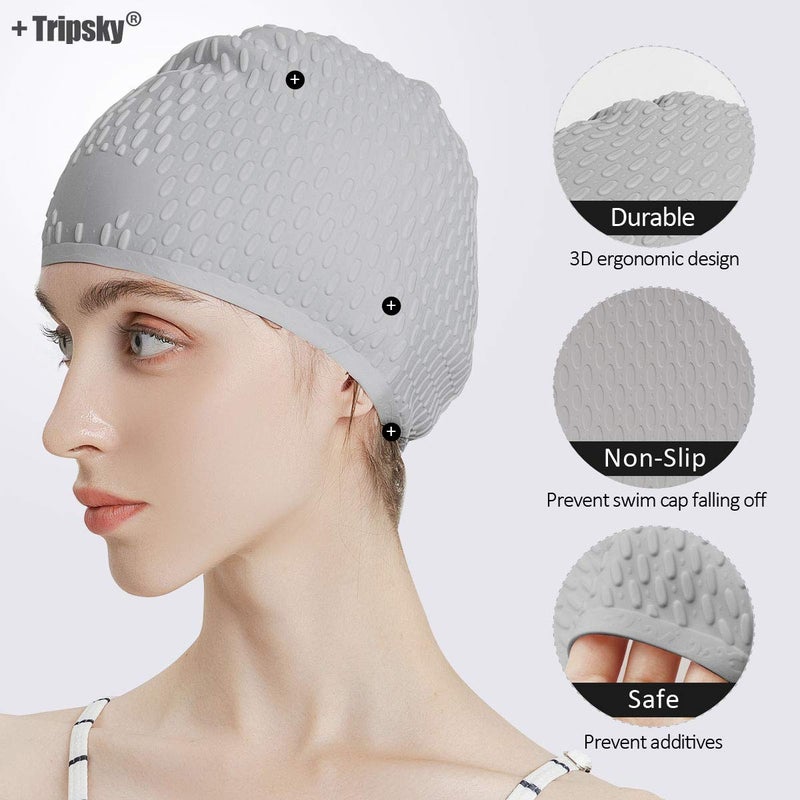 Tripsky Silicone Swim Cap,Comfortable Bathing Cap Ideal for Curly Short Medium Long Hair, Swimming Cap for Women and Men, Shower Caps Keep Hairstyle Unchanged (Gray) - Image 2